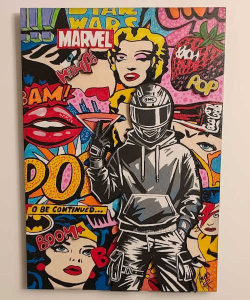 Pop Rider Explosion 3D – tableau original Pop Art Street Art en relief représentant un motard casqué par BRMB
